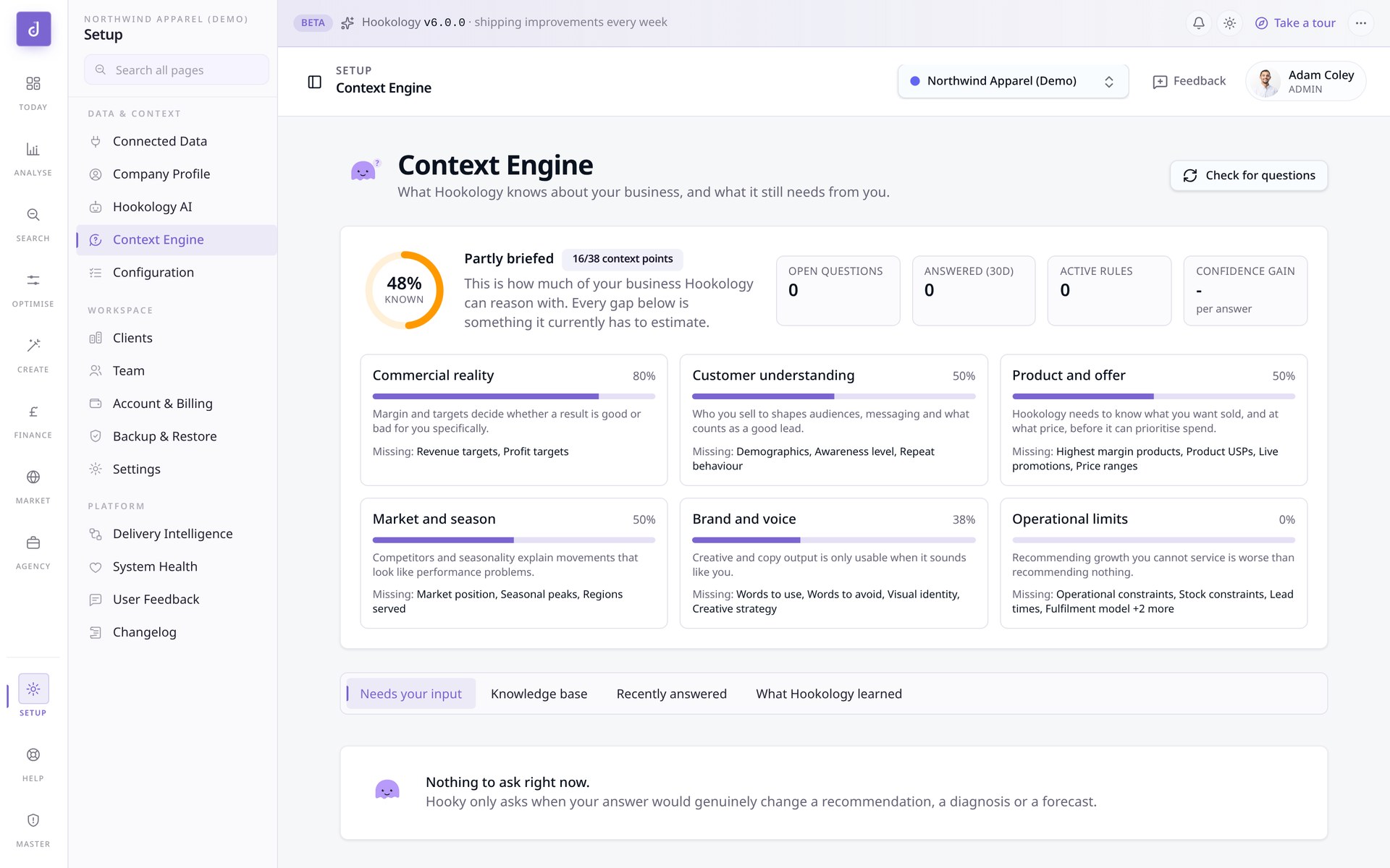 Hookology Context Engine holding business goals, margins and performance thresholds