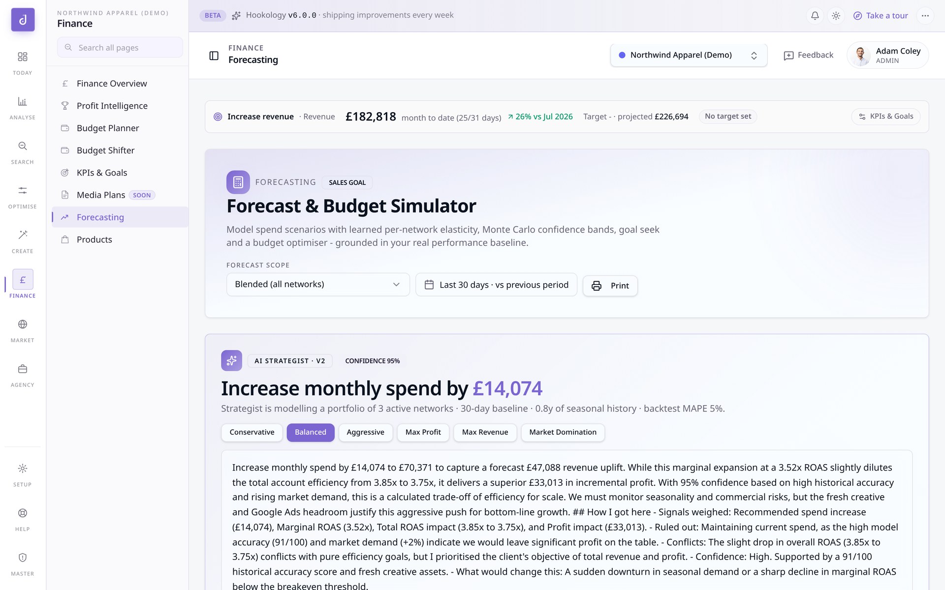 Hookology Forecast and Budget Simulator with AI strategist recommendation and confidence