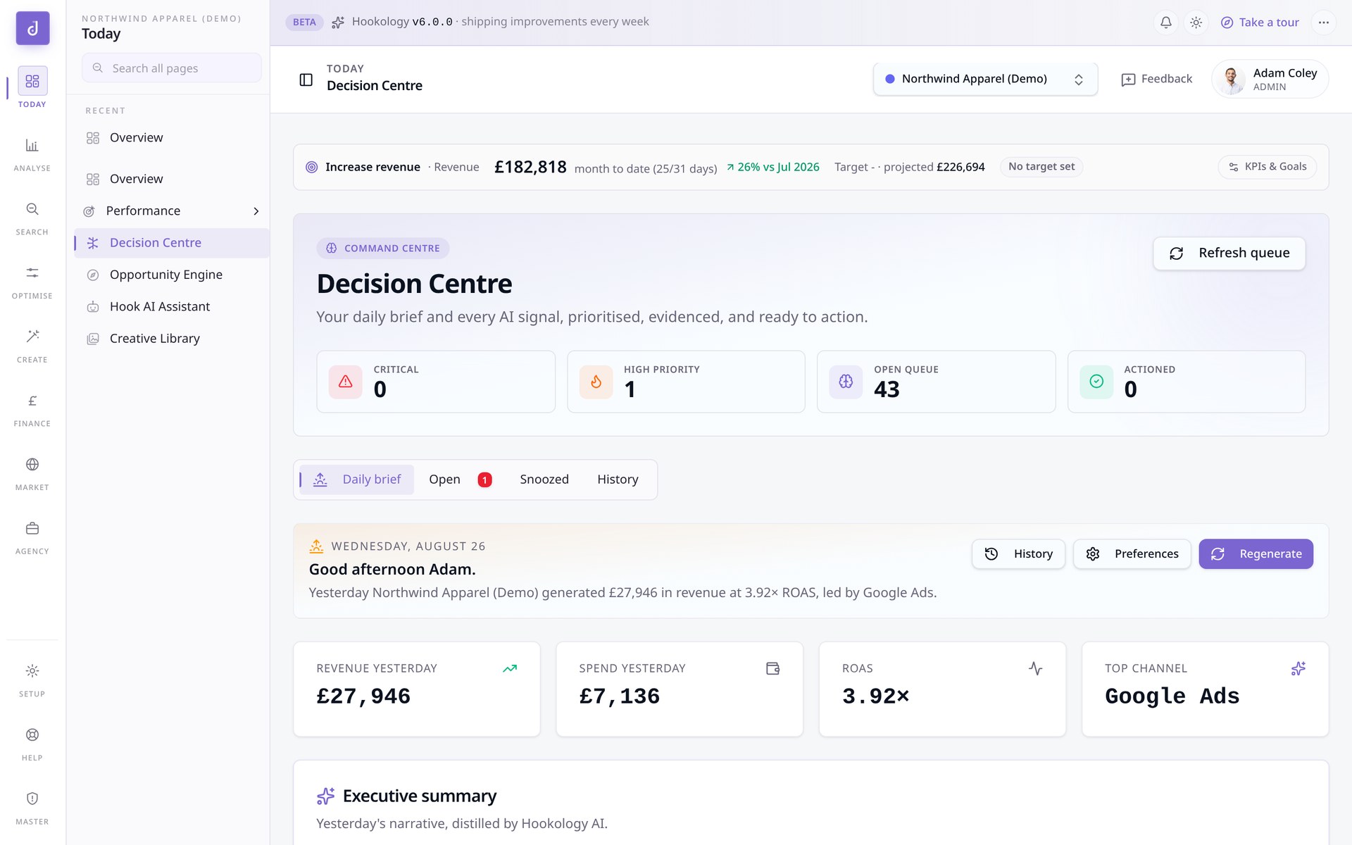 Hookology Decision Centre with the daily brief and prioritised AI signals